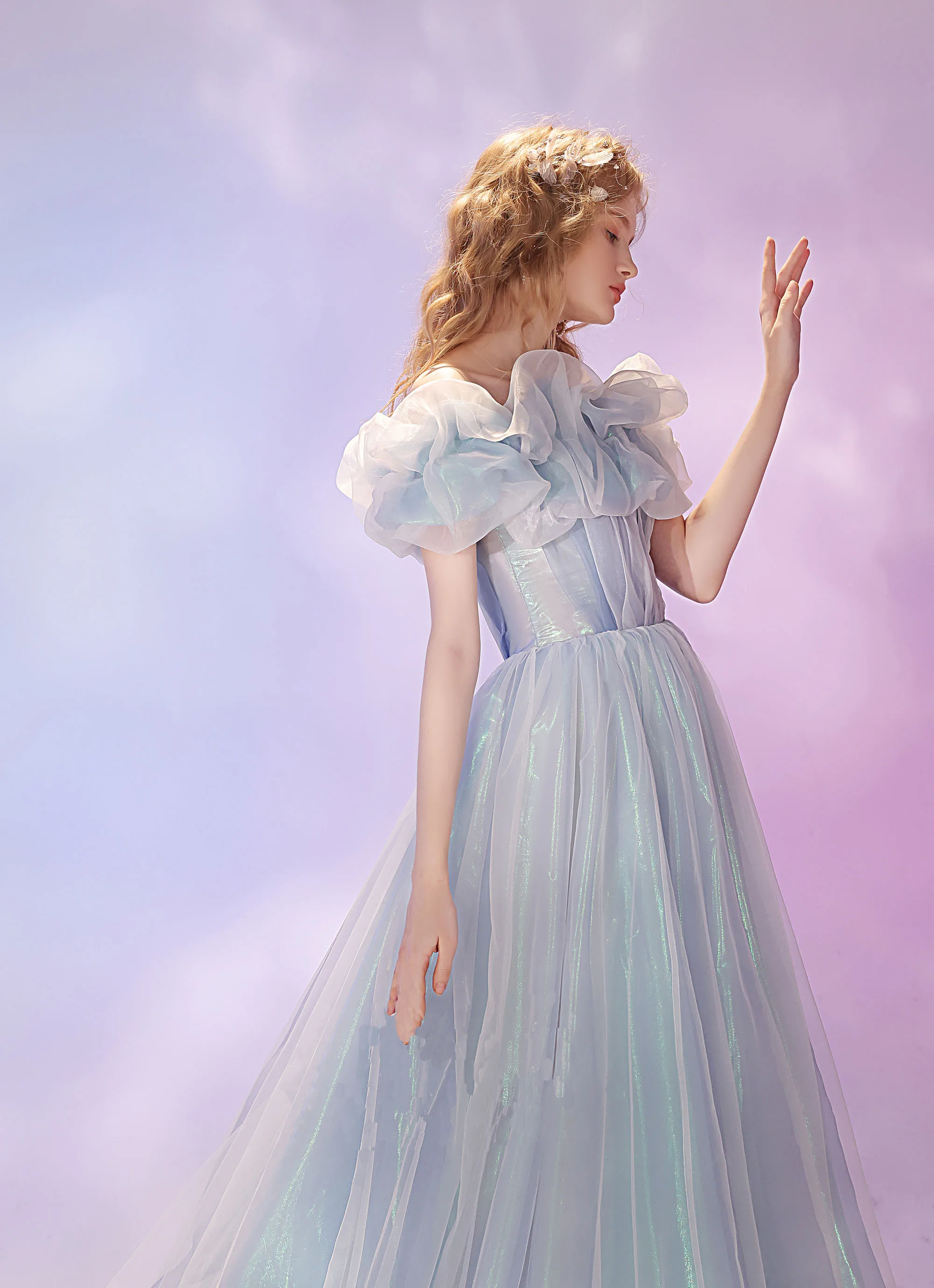 FATAPAESE Wedding Dress Blue Floor Length Aline  Princess Off Shouder Laser Colorful Clouds  Ruched Fairy  Gowns  Fresh Style