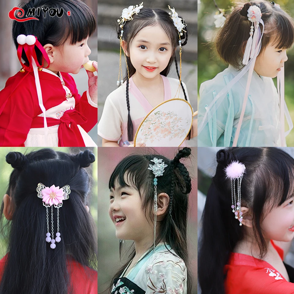 Заколки для волос в китайском стиле с плюшевыми шариками и кисточками красные