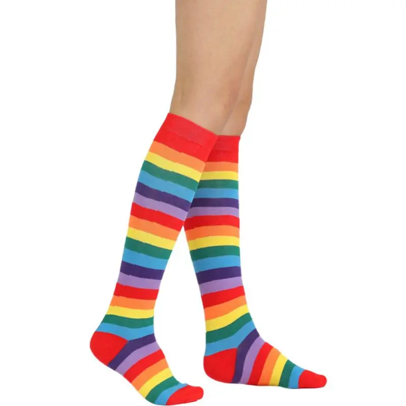 

Women Men Cotton Knee High Long Socks Rainbow Colorful Stripes Patchwork Cosplay Costume Stretchy Knitted Student Stockings