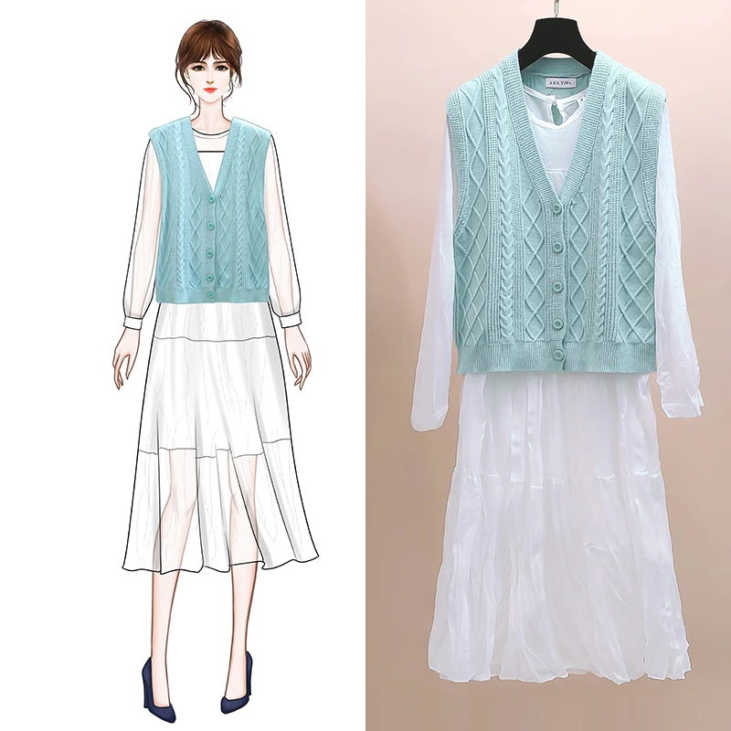 

2019 Fall New Pressure Plait Chiffon Loose Long-Sleeved Dress With V-Neck Sweater Vest Vest Suits Female Leisure Clothes