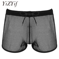 boxer men sexy underwear see through sheer fishnet lingerie low rise hollow openwork drawstring loose shorts lounge boxer trunks