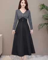 high quality elegant m 3xl v collar color block long sleeve woman long dress