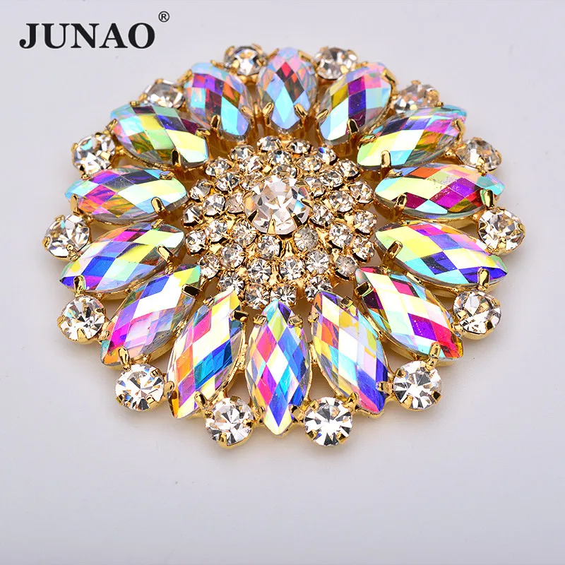 

JUNAO 2pcs 52mm Large Flower Gold AB Rhinestones Applique Sew on Glass Claw Crystal Strass Round Stones for Wedding Dress