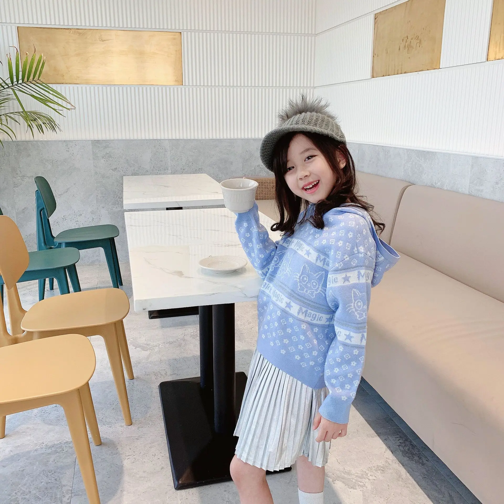 

Girls' Hoodie 2020 Fall/Winter New Products Kitty Jacquard Knit Sweater Girls Sweet Long Sleeve Top