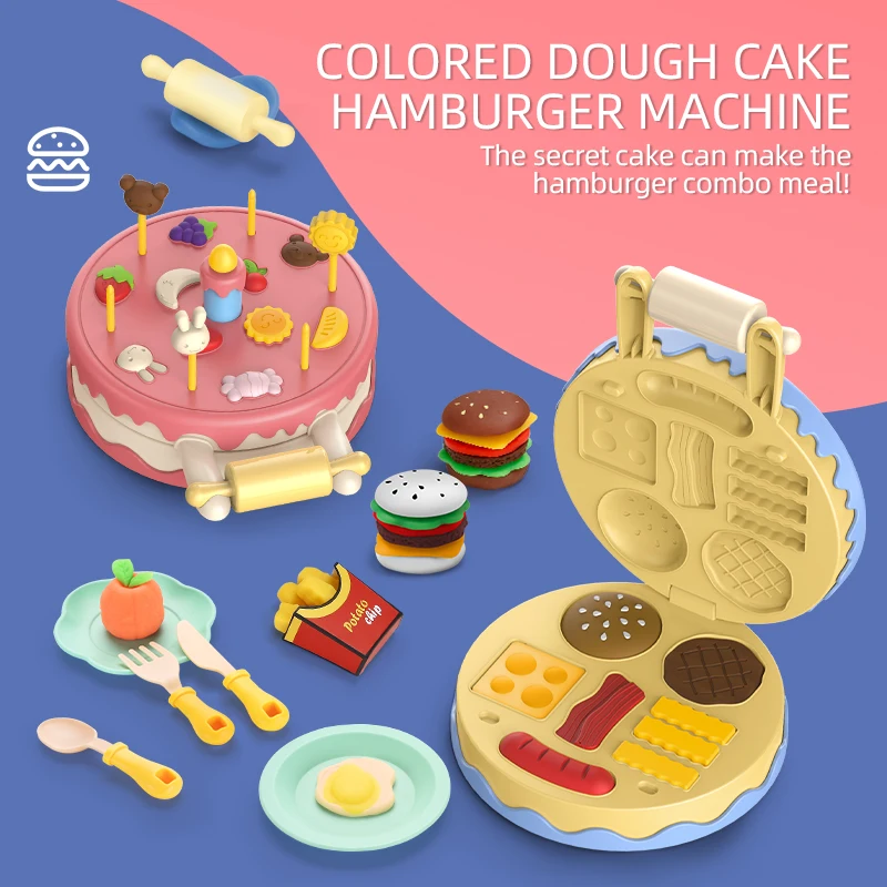 

Color Mud Cake Burger Machine Multi-function Children Play House Toys Simulation Kids Kitchen Model DIY Plasticine Girl's Gift