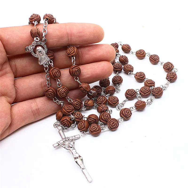 

Handmade Religion Catholic Christ Jesus Gift For Men Choker Jewelry Wooden Rose Beads Rosary Cross Pendant Necklace