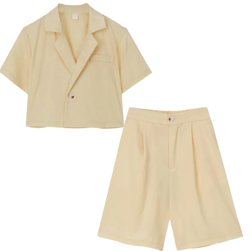 

Sister Fara Elegant Notched Thin Blazers Suit Women's+Chic High Waist Button Fly Mini Shorts Summer Casual Two Piece Suit Ladies