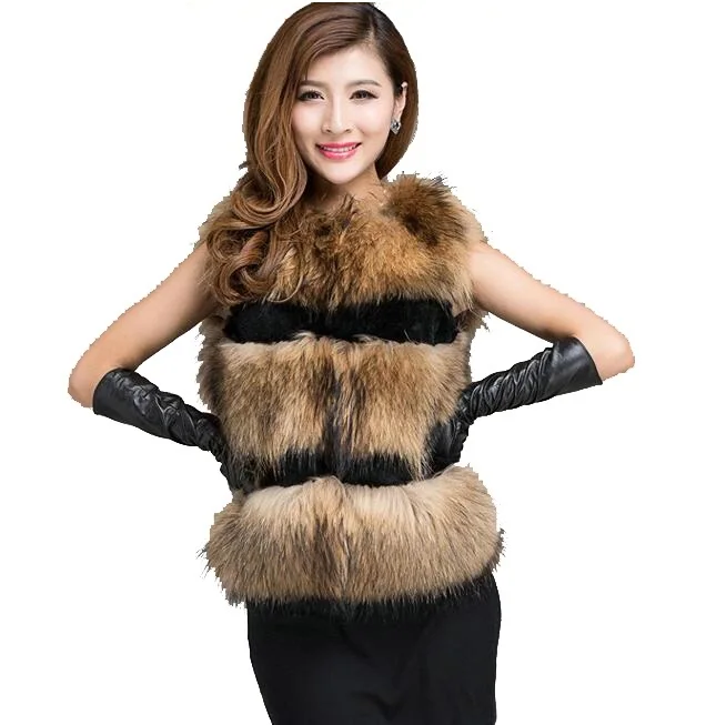 Женский жилет с натуральным мехом енота зимний из натуральной кожи лисьим 2019|vest