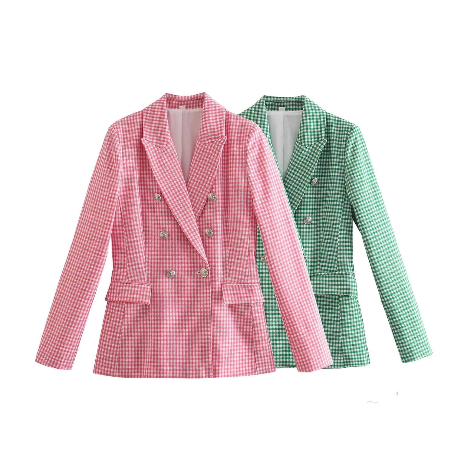 

Pinkou Для женщин Стильный клетчатый Блейзер, розового, зеленого цвета с двойным отворотом с двойными рукавами пальто Женская офисная одежда В...