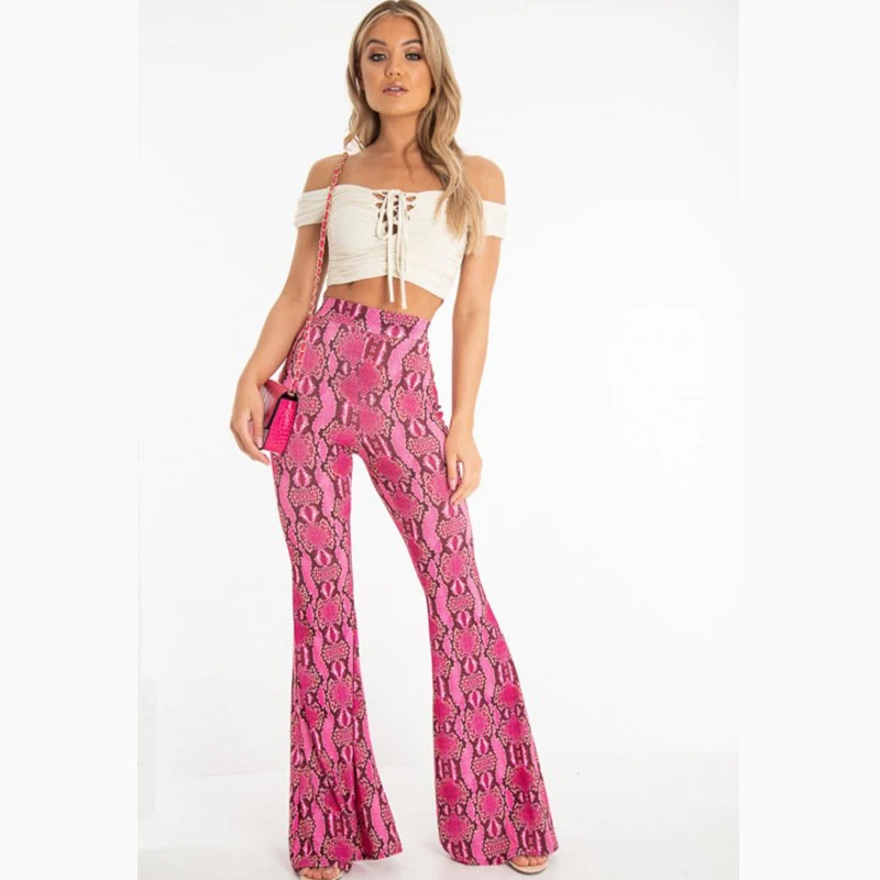 High Waist Snake Skin Long Flare Pants Leggings Sexy Slim Women Fashion Wide Leg Trousers Capris Pantalones | Женская одежда
