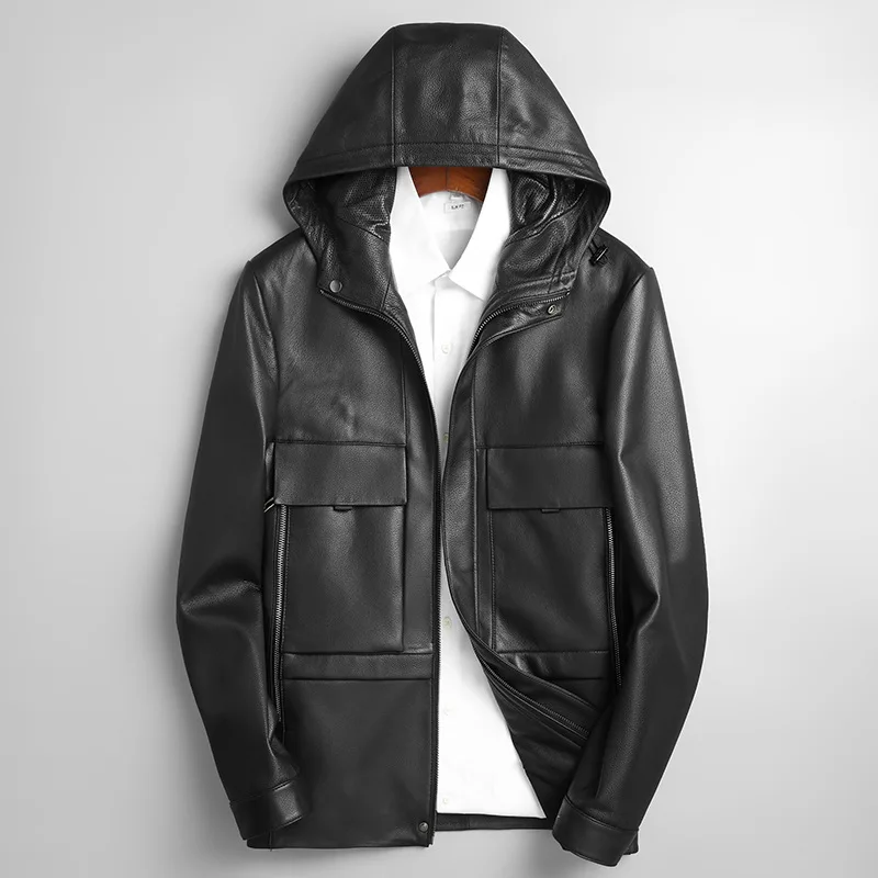

Autumn Winter Real Sheepskin Leather Jackets Aviator Coats Genuine Leather Jacket Men Hood Clothes