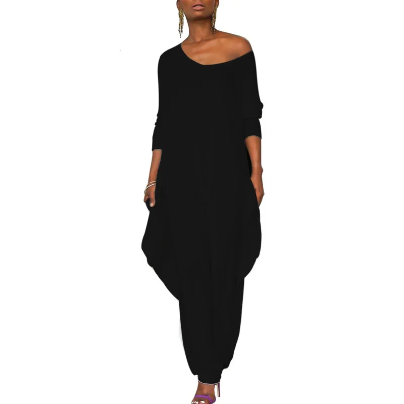 

Jumpsuit Women Autumn Sexy Off Shoulder Long Sleeve Office Work Wide Leg Backless Solid Elegant Loose Overalls Streetwear Romper