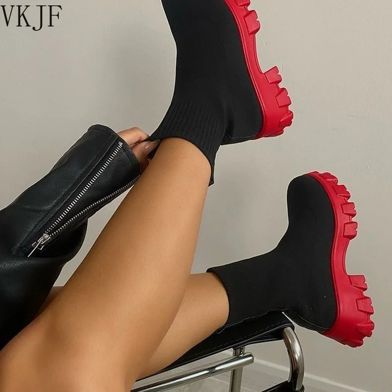 

Женские вязаные ботинки-носки, повседневные красные ботинки на толстой подошве, большие размеры, Осень-зима 2021