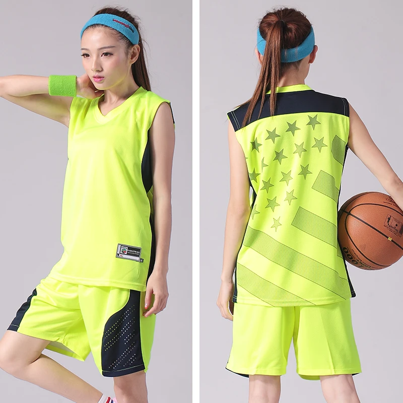 Fluorescent green 16 цветов, заказной логотип, имя номера, баскетбольная майка и шорты, комплект одежды для девушек, леди, спортивная одежда, баскетбольный поезд, костюм, сухая посадка - Цвет: Fluorescent green