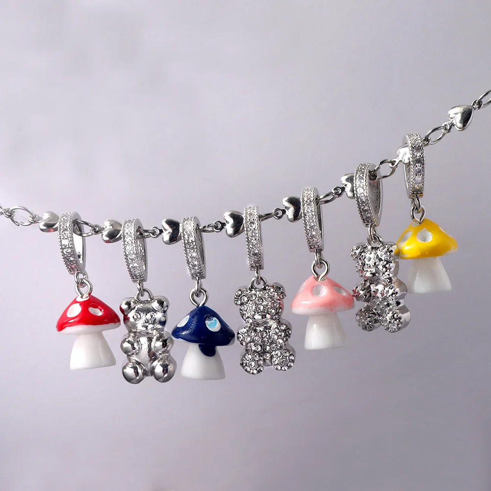 

Cute Mushroom Gummy Bear Silver Color Zircon Pendant Heart Chain Necklaces For Women Multicolor Cartoon Choker Necklace Jewelry