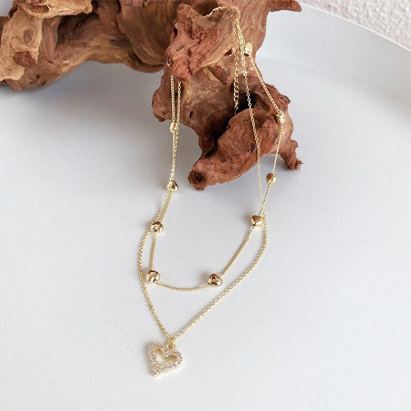 

Vintage Elegant 14k Real Gold Flash Diamond Double Layer Chain Charming Temperament Necklace for Women Quality Jewelry Zirconia