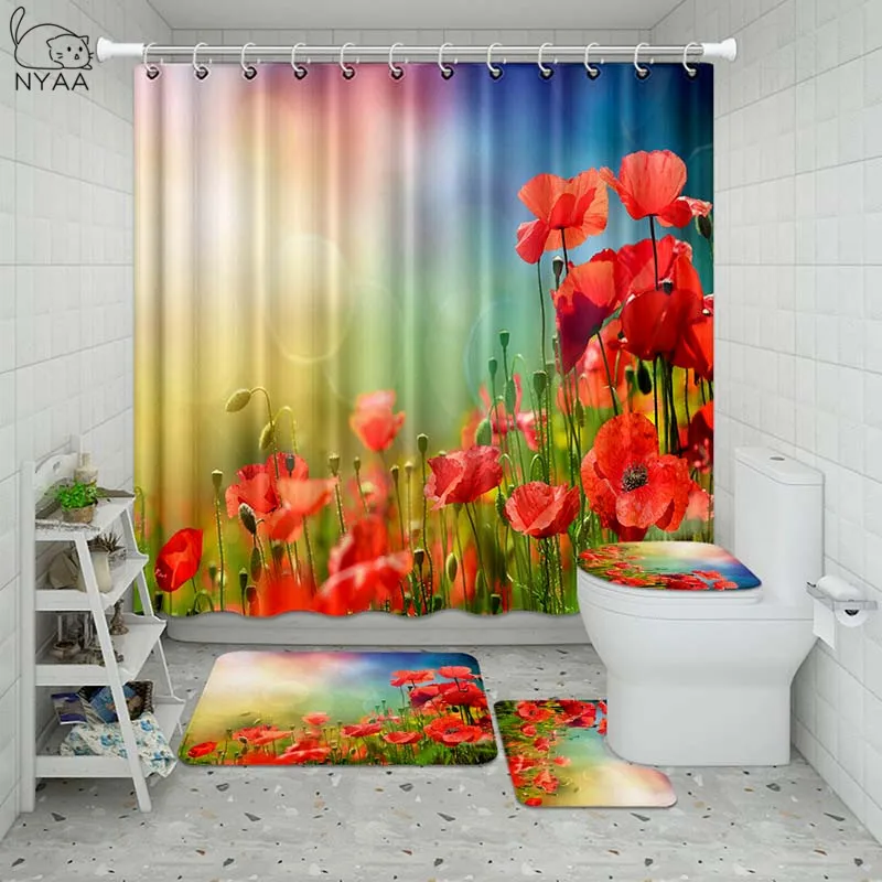 Vixm водонепроницаемые занавески для ванной комнаты с красными цветами мака набор