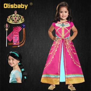 Жасмин платье принцессы для девочек Аладдин Рождество великолепные розовые платья Дети Жасмин Костюм для коронации детская одежда в арабском стиле