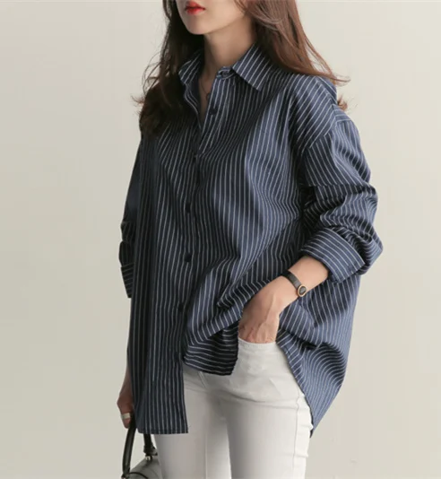 Женская блузка в полоску с длинным рукавом и отложным воротником|Блузки| |