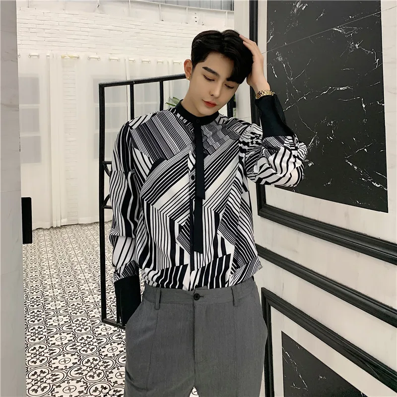 Мужская Повседневная рубашка в черно-белую полоску деловая с галстуком-бабочкой