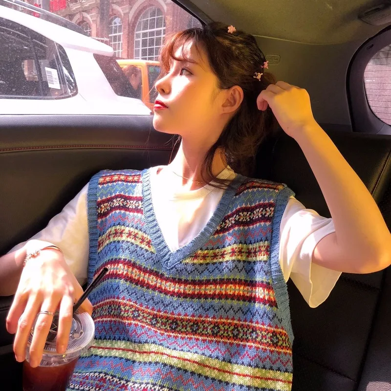 Полосатый винтажный вязаный жилет Женский пуловер с V-образным вырезом Свободный