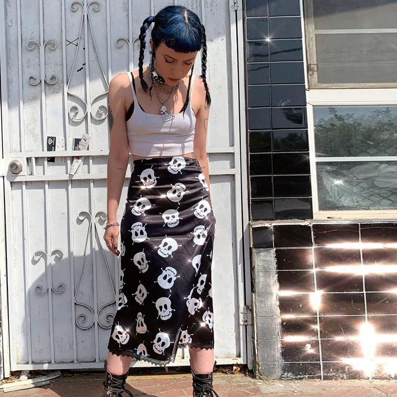 

Streetwear Women Skirt New Summer Fashion Long Skirts Black Skeleton Print Harajuku High Waist Zipper Lace Bag Hip Long Skirt