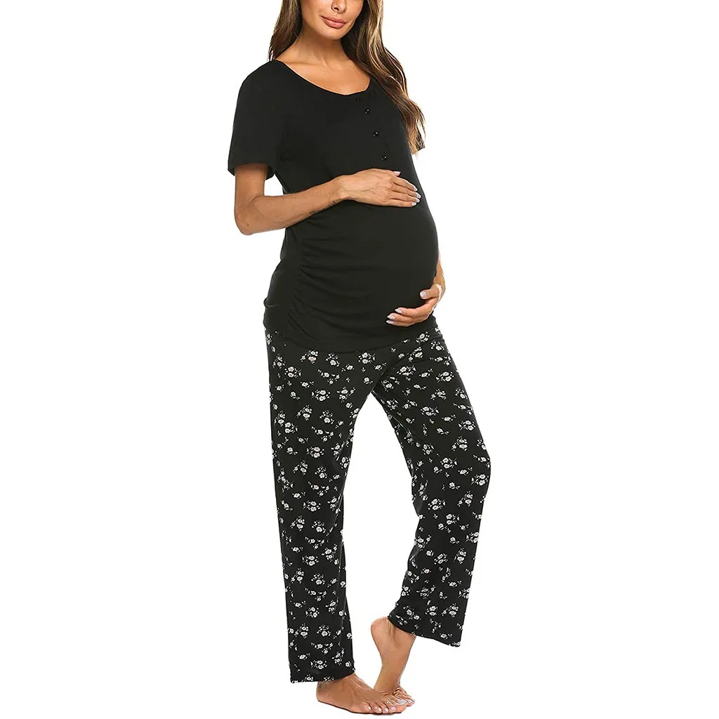 

Casual Cozy Women Maternity Short Sleeve Nursing Baby T-shirt Tops+Pants Pajamas Set Suit pijama maternity nursing pajamas 2021@