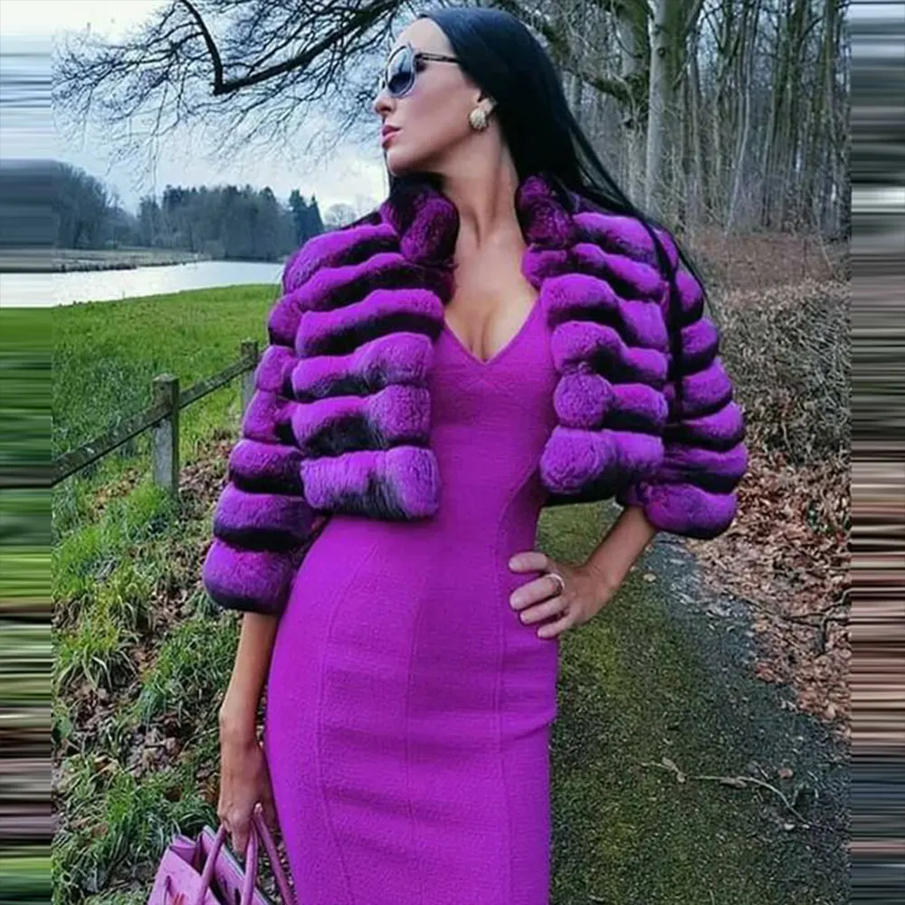 Fashion Women Real Fur Coat Winter 2022 New Purple Color Full Pelt Stand Collar Genuine Rex Rabbit Fur Jackets Trendy Overcoats
