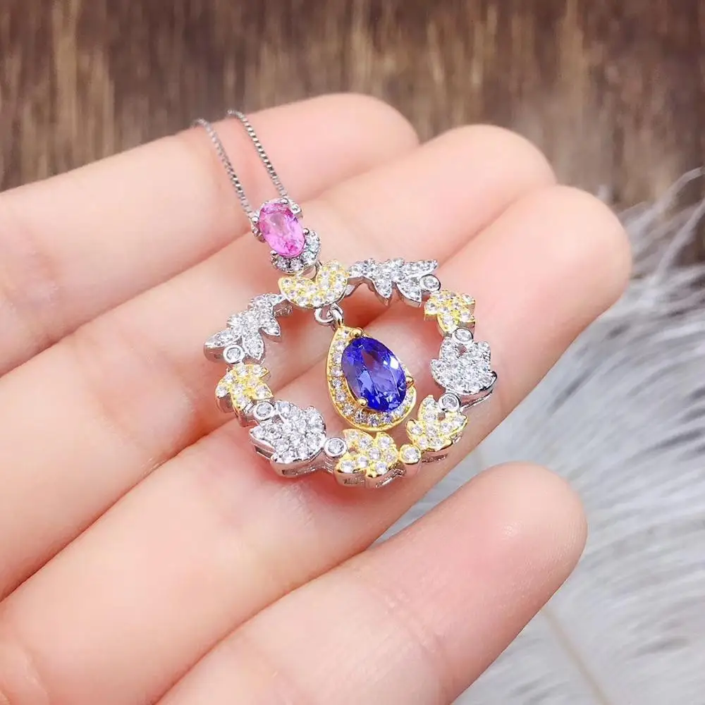 New natural tanzanite powder sapphire pendant necklace 925 silver ladies two-color electroplating pendant necklace fashionable
