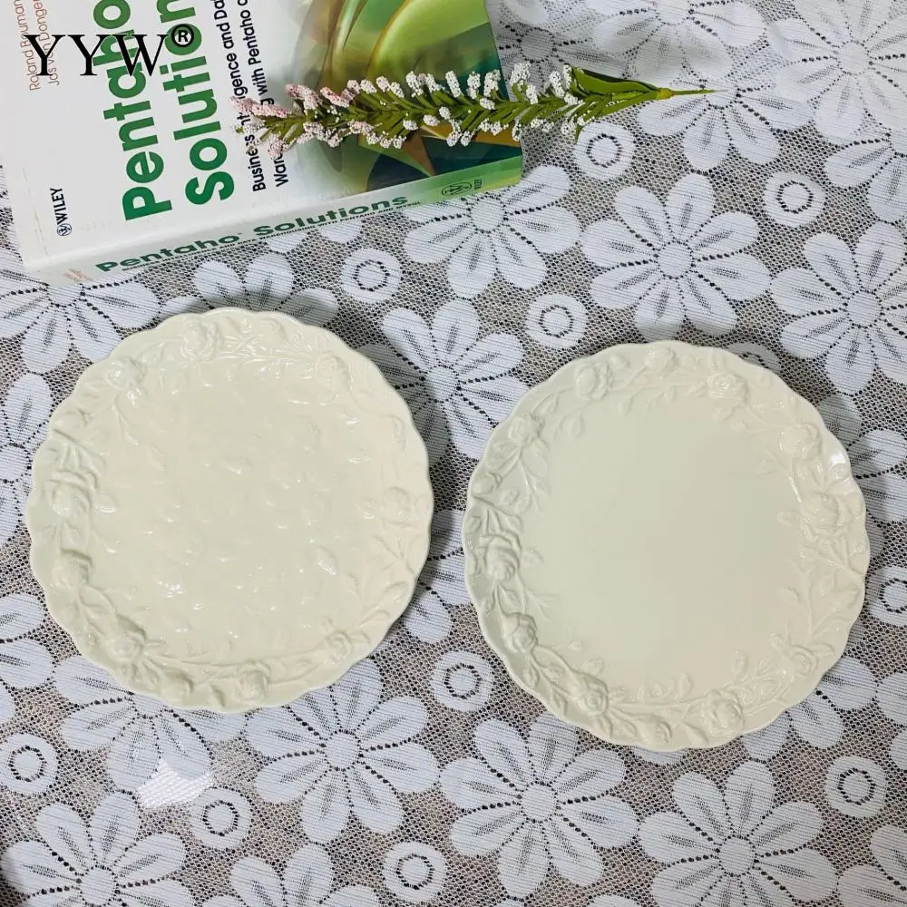 

Ceramic Plate European Antique Beige Three-Dimensional Relief Rose Afternoon Tea Dessert Plate Breakfast Plate Household