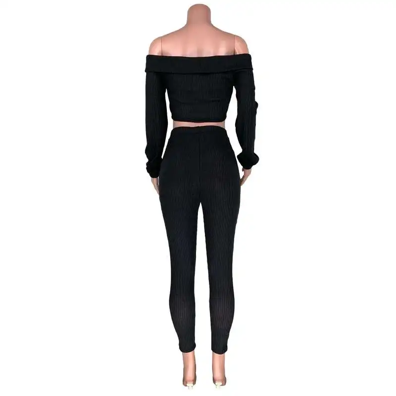 

Ribbed Casual Bandange Two Piece Matching Set Off The Shoulder Turn-Down Collar Crop Tops And Autumn Winter Drawtring Long Pants