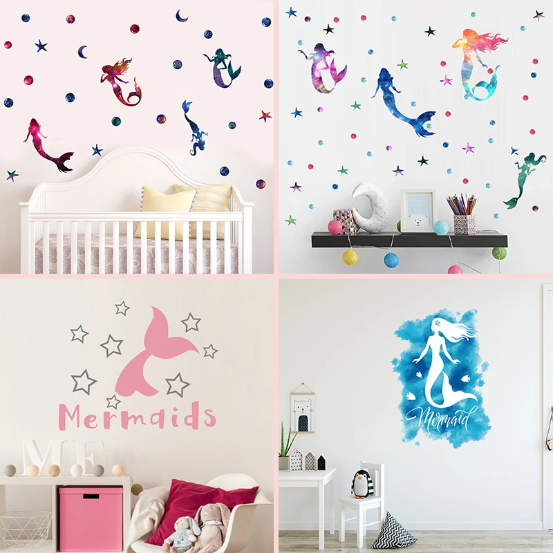 Синий Русалка виниловые наклейки на стену Забавный мультфильм искусство