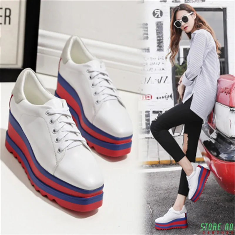 

Brand high quality women creepers casual shoes patent leather platform Wedge shoes fashion sexy square toe 7.5cm Pumps shoes