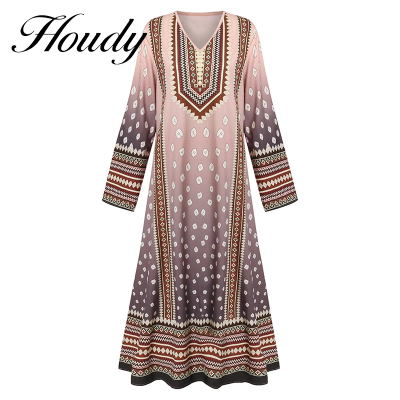 

Bohemian Long Skirt Women Printed Dress Feminine V-Neck Summer Beach Vestidos Ladies Loose Waist Floral Retro Pleated Dress