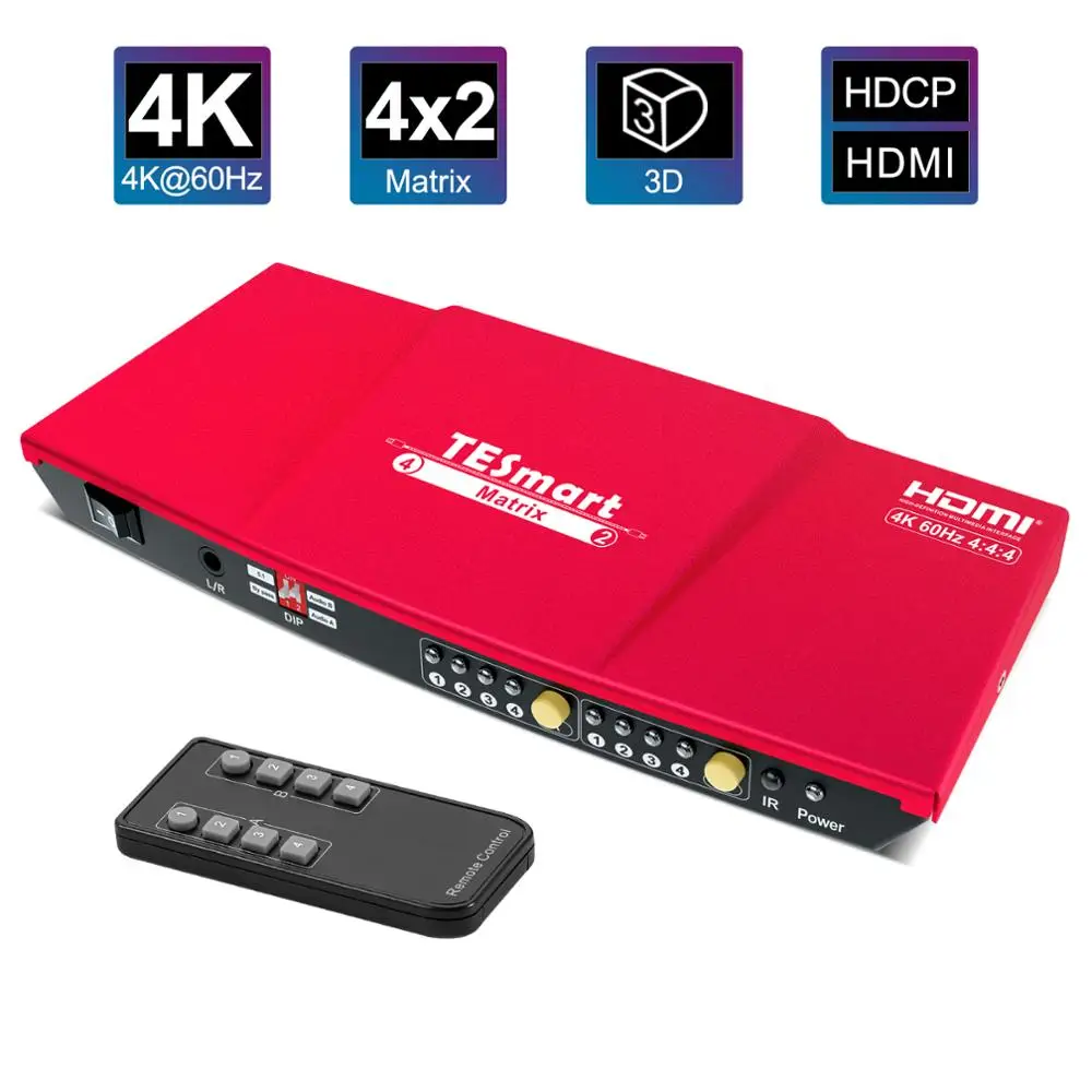 

HDMI Matrix 4X2 HDMI Switcher Splitter 4 Ports Input and 2 Ports Output with Analog Stereo(SPDIF) Support 4Kx2K@60HZ HDCP