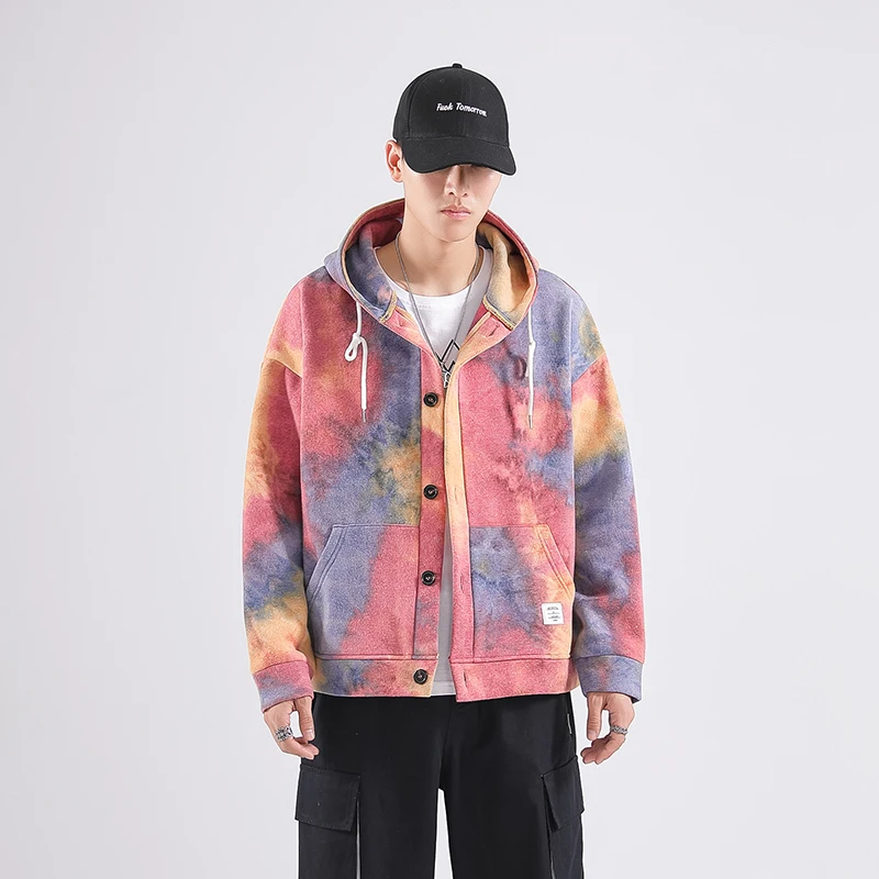 

Top Trendy men's hoodie latest tie-dye button cardigan hoodie streetwear loose large size comfortable men's hoodie jacket cool