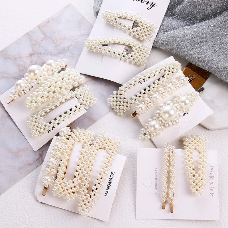 

1Set Handmade Pearls Hair Clips Pin for Women Fashion Geometric Flower Barrettes Headwear Girls Sweet Hairpins Hair Accessorie