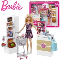 barbie supermarket set with accessories simulation cash register shopping cart play house toy barbie doll girls gift frp01