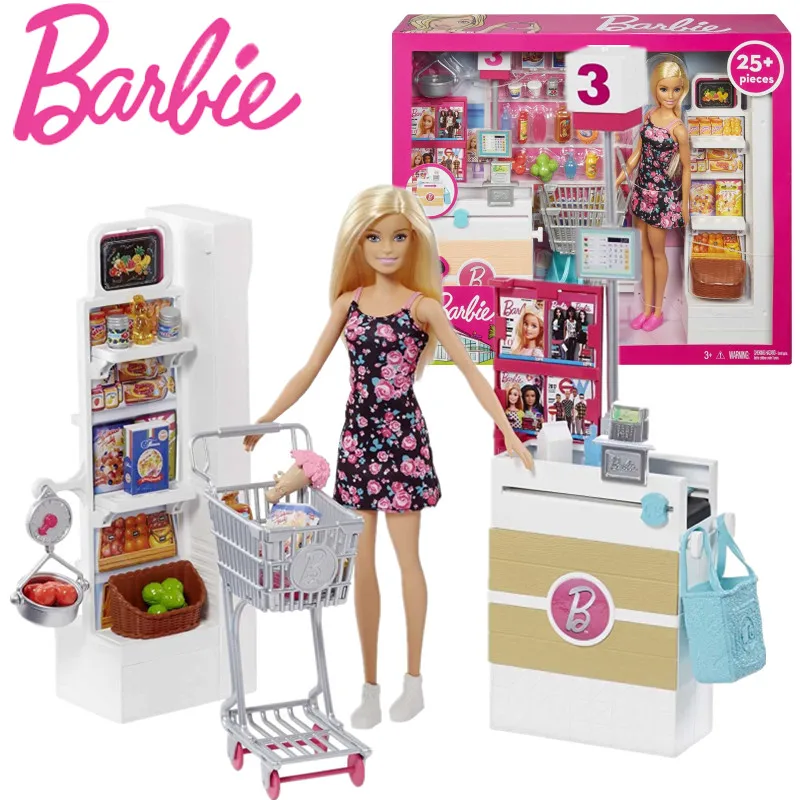 Набор для супермаркета Барби с аксессуарами имитация кассового аппарата корзина