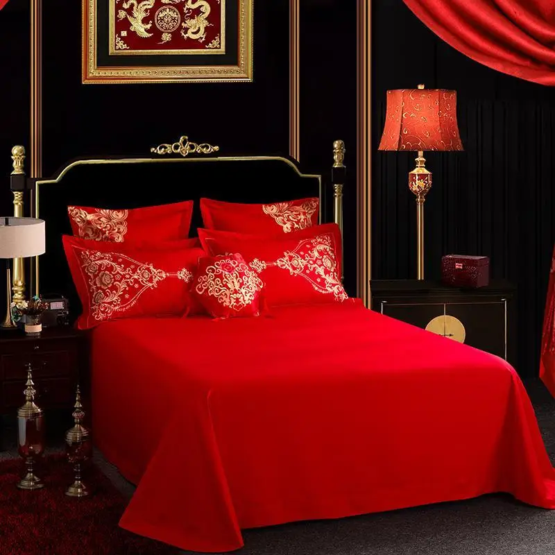 

Red 4/7Pcs 100%Egyptian Cotton Comforter cover Golden Embroidery Luxury Bedding Sets Soft Bedclothes Queen King size Bed sheet