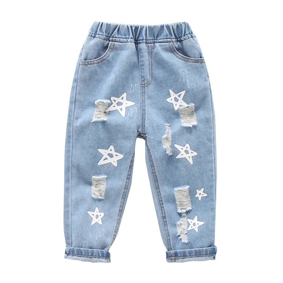 Джинсы для маленьких девочек с рисунком звезды Весенне осенние рваные джинсы