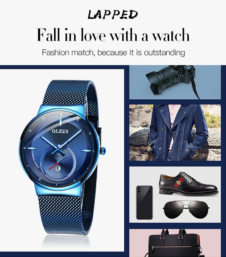 NEW OLEVS Watch Men Luxury Quartz Date Blue Dial Thin Top Brand Watches Sports Chronograph Mesh Belt Wrist Watch Man Clock