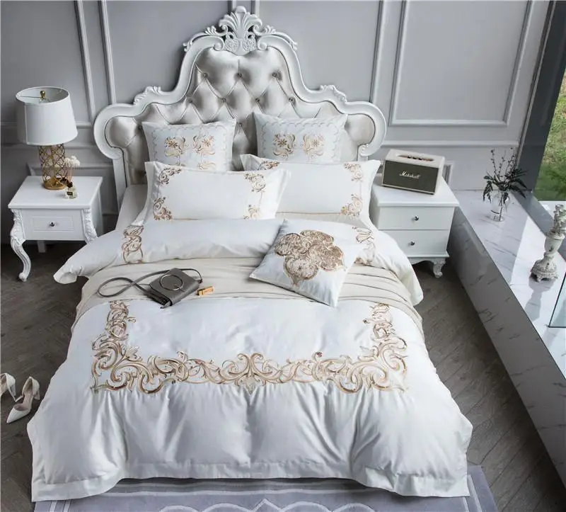 

2018 Golden embroidery bedding set bed linen duvet cover wedding adult Europe style white home textile bedclothes bedspread