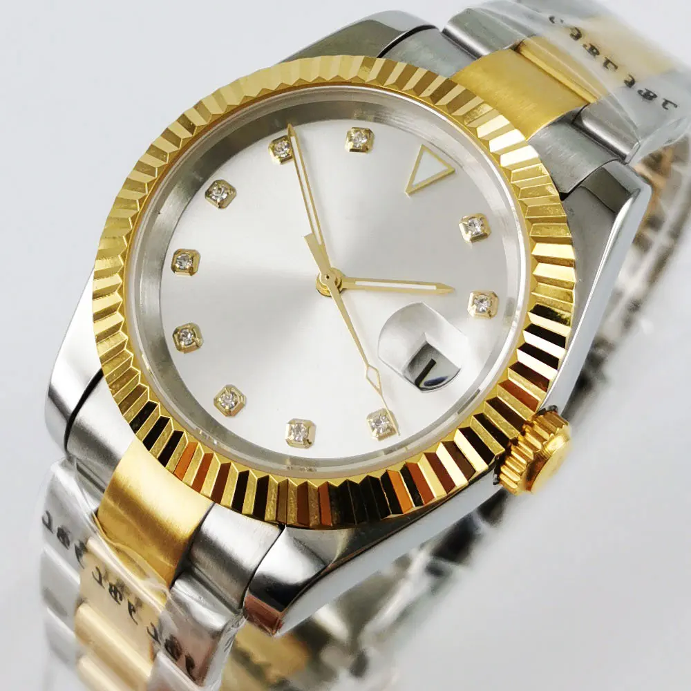 

Sterile 36mm Steel Silver Dial Men Watch Sapphire Crystal Gold Fluted Bezel MIYOTA 8215 Automatic Wristwatch Jubilee