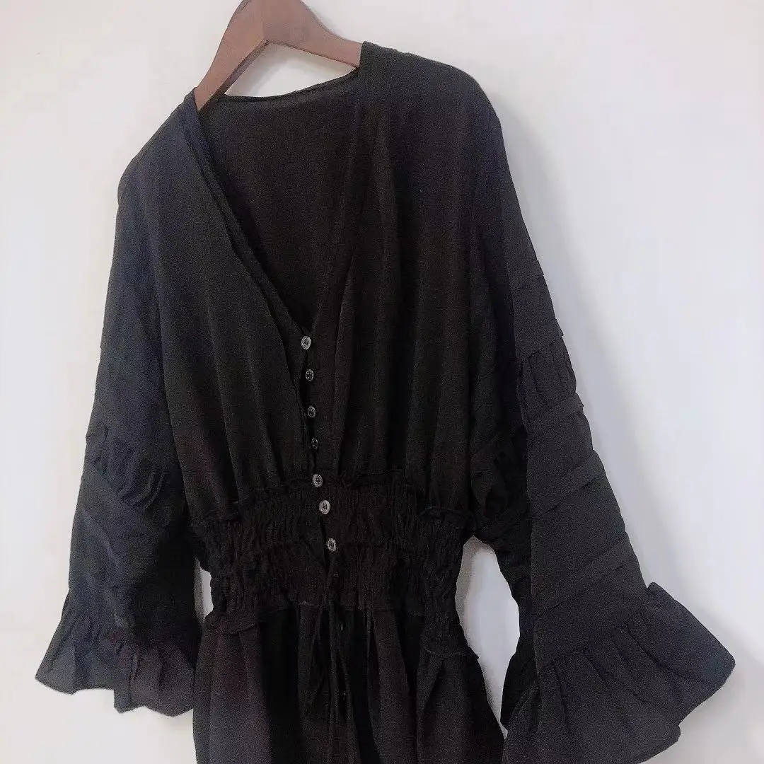 

2021 Summer Women's Ruffles Dress V-Neck Single Breasted Black Lace-Up Ladies Mini Dress with Buttons Female Robes