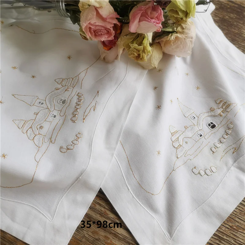 

White cotton embroidery table runner decoration tray table birthday table decoration rectangular cloth tablecloth piano towel