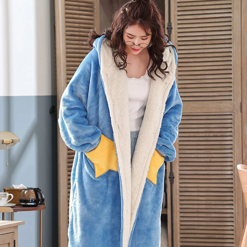 

Flannel couple long nightgown spring autumn winter pajamas men's thickened hooded star bathrobe sleepwear robe home clothing