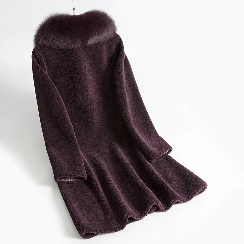 Женская Шуба из овчины с натуральным мехом шерстяное пальто воротником лисьего