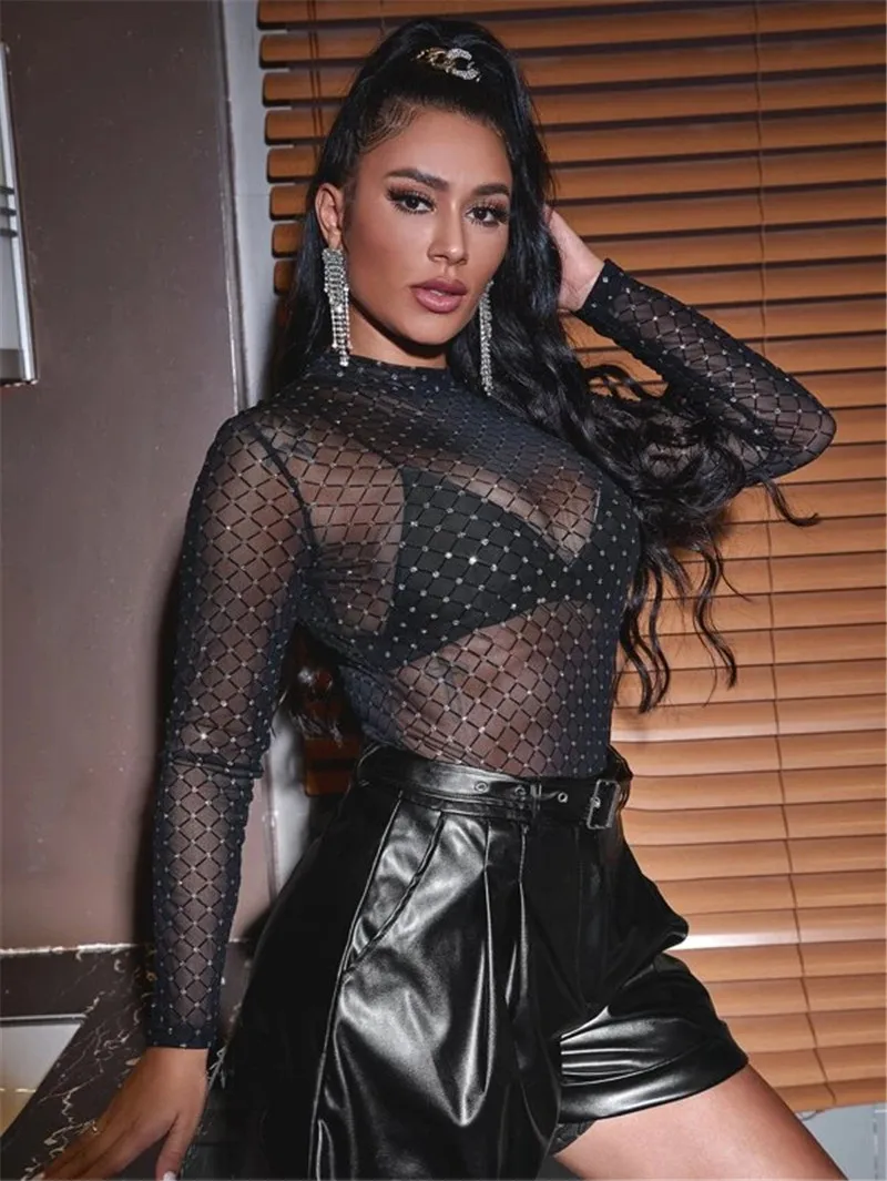 

ThornTree2021 Sexy See Through Diamonds Sheer Mesh Romper Women Long Sleeve Playsuit Club Party Slim Strechy Leotards Jumpsuit
