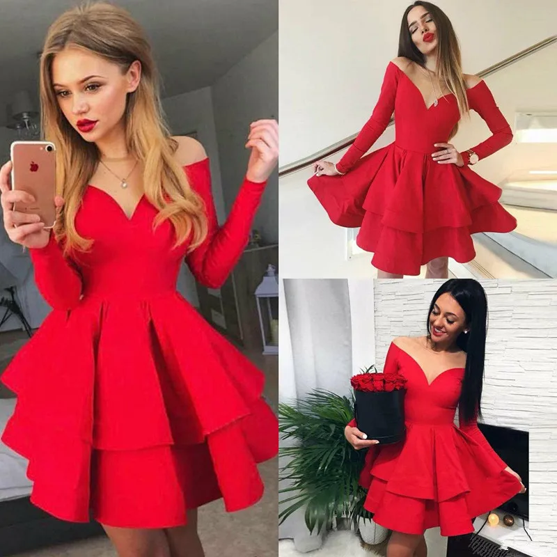 

2020 красные платья для встречи выпускников с длинным рукавом с открытыми плечами, атласное женское короткое коктейльное платье для вечерние...